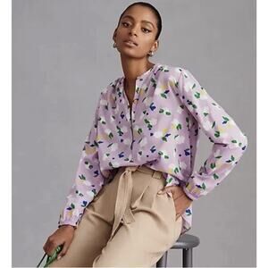 Clare V. St. Martin Blouse Women’s Size XL Purple Floral Cotton Shirt Spring Top